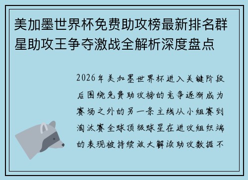 美加墨世界杯免费助攻榜最新排名群星助攻王争夺激战全解析深度盘点